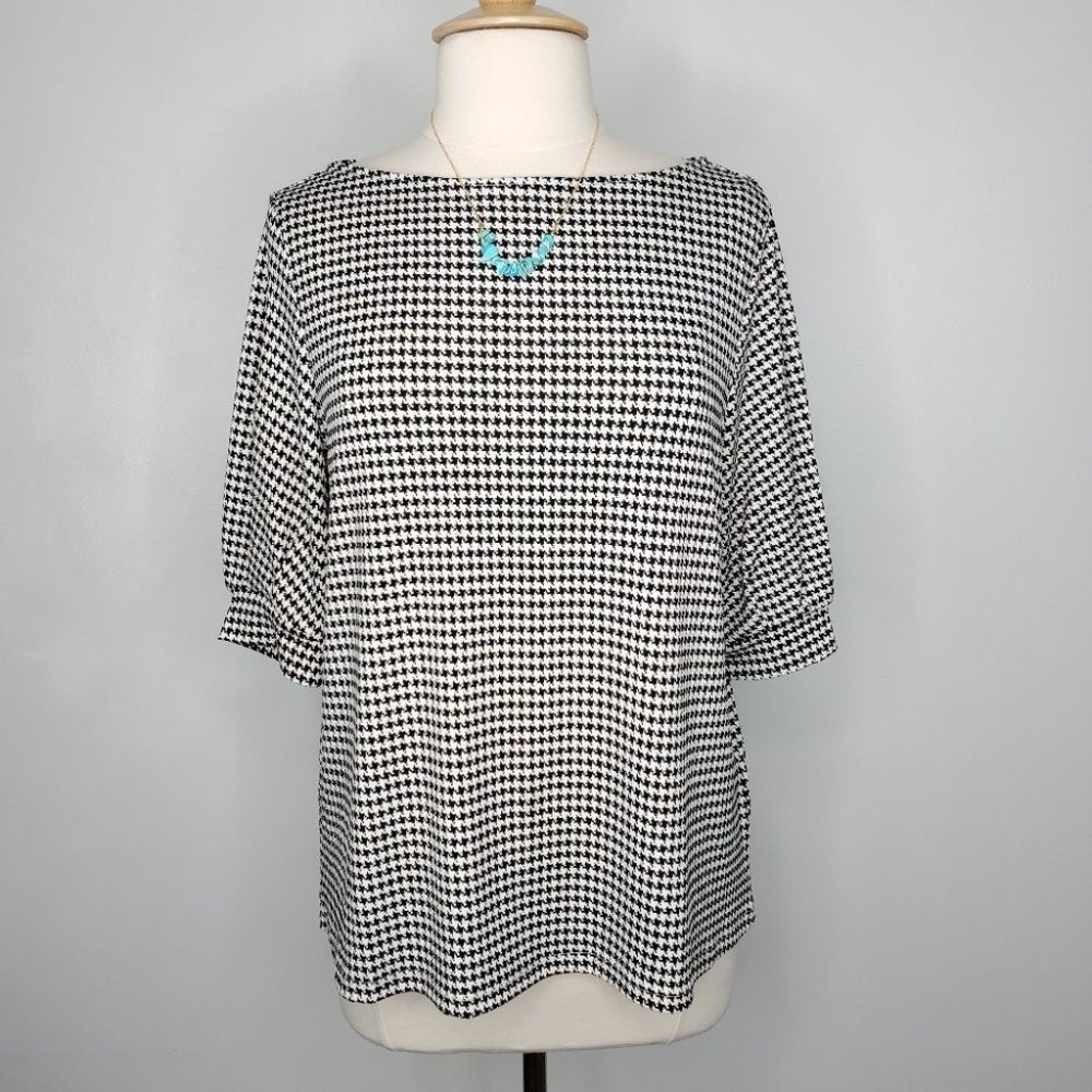 H & M Black White Houndstooth Stretchy Career Or Casual Elbow Puff Sleeve Top L